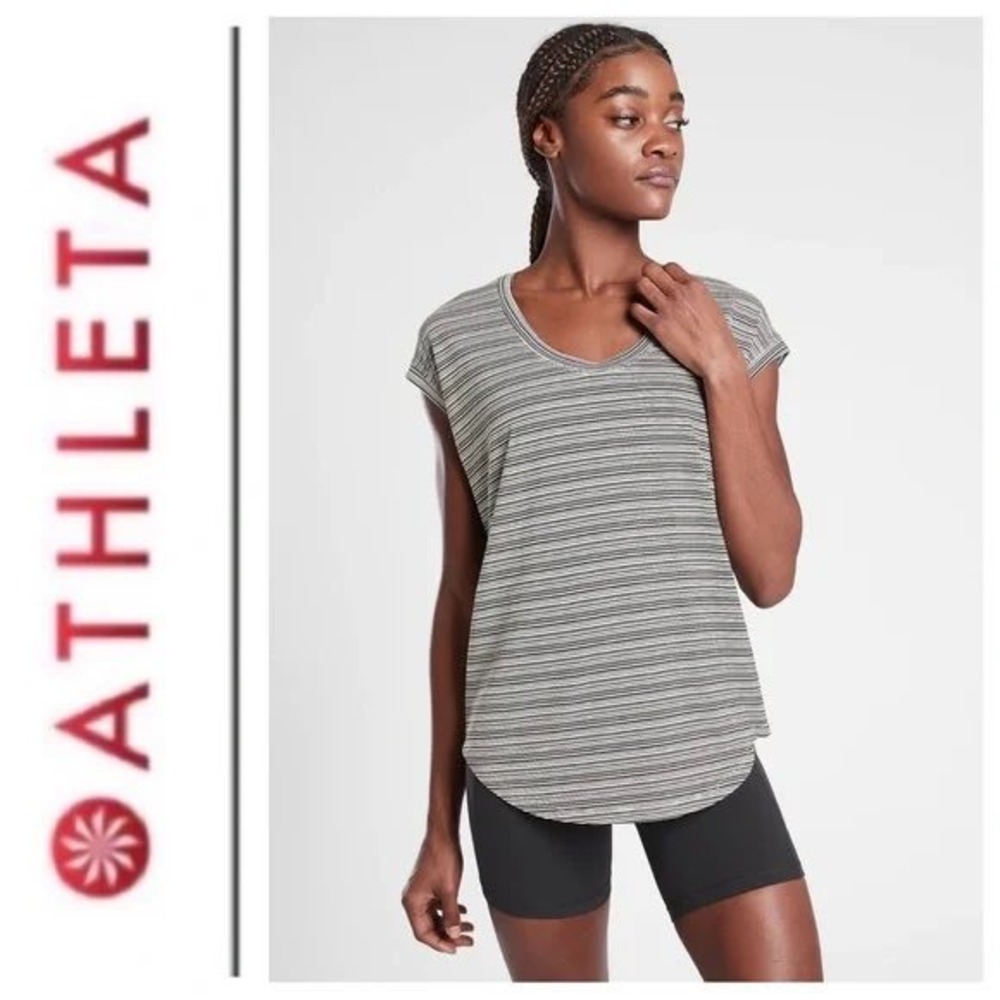 Athleta Cloudlight Stratus Striped Tee Womens Medium Black White Scoop Neck Cap
